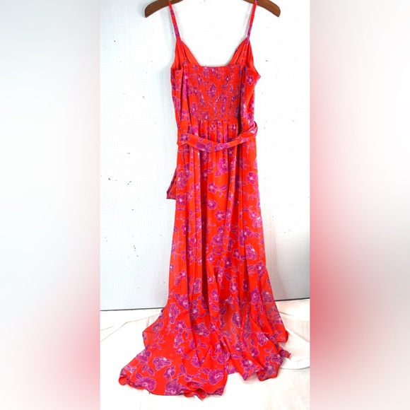 Eliza J 12 Summer HOT Ruffle Midi Orange Red and Purple Aloha Floral Midi Dress - Picture 2 of 9